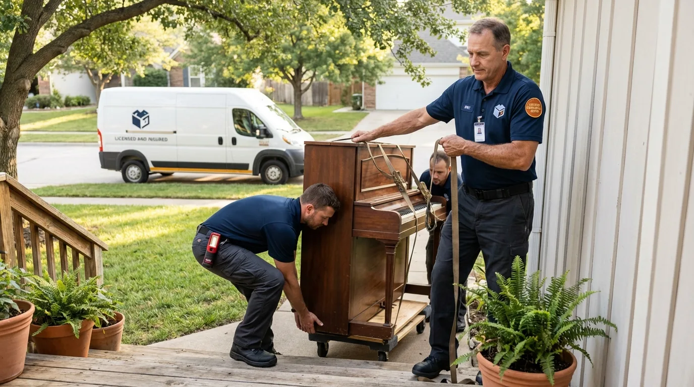 Licensed piano movers securing grand piano in Santa Clara, CA