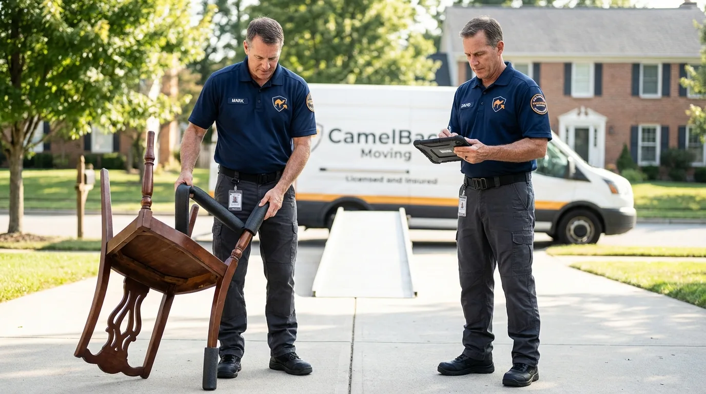 Movers inspecting furniture for damage prevention before loading in Santa Clara, CA
